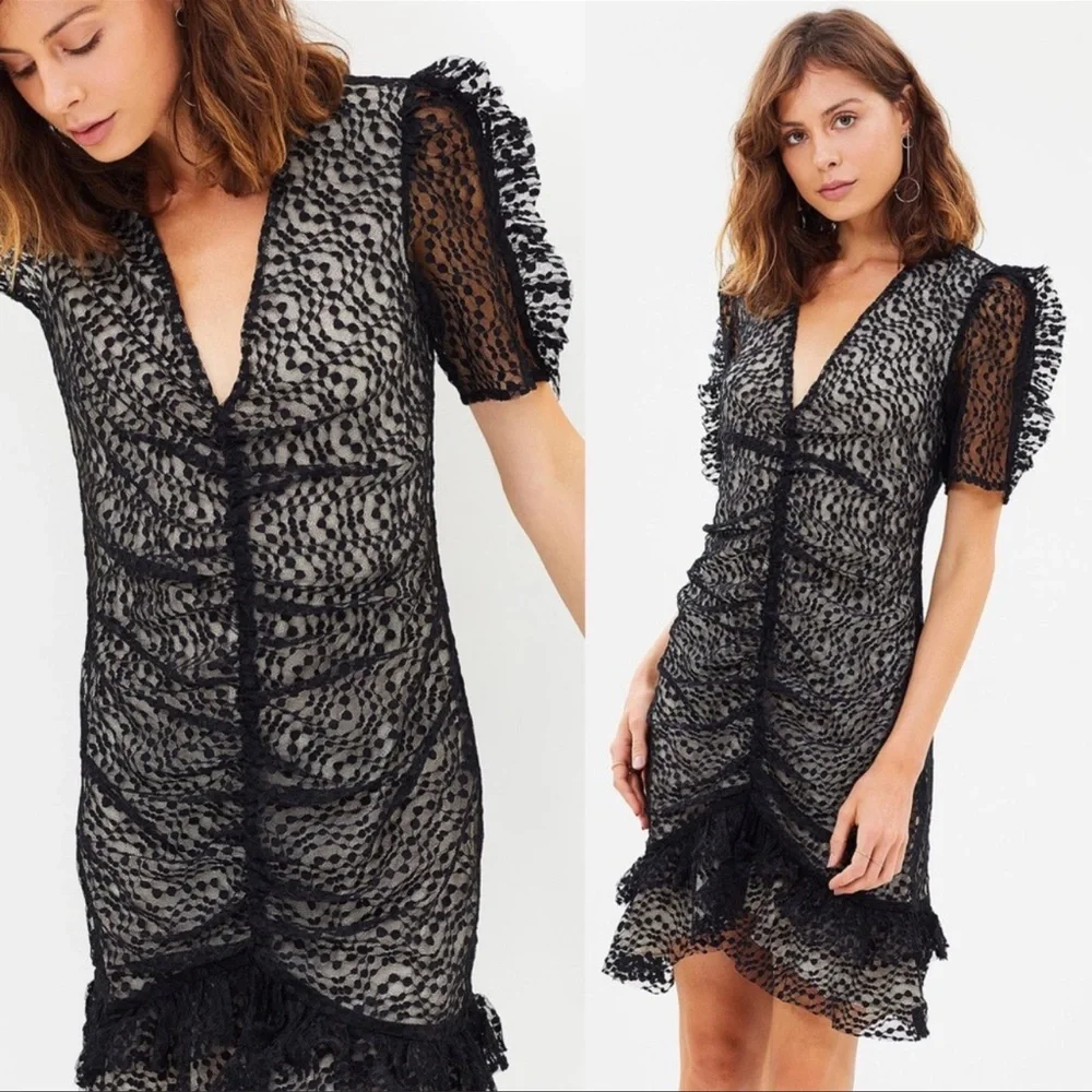 Elliatt Venice Lace Ruffle Ruched Mini Dress Small Cocktail Vneck Frill … - Picture 2 of 12